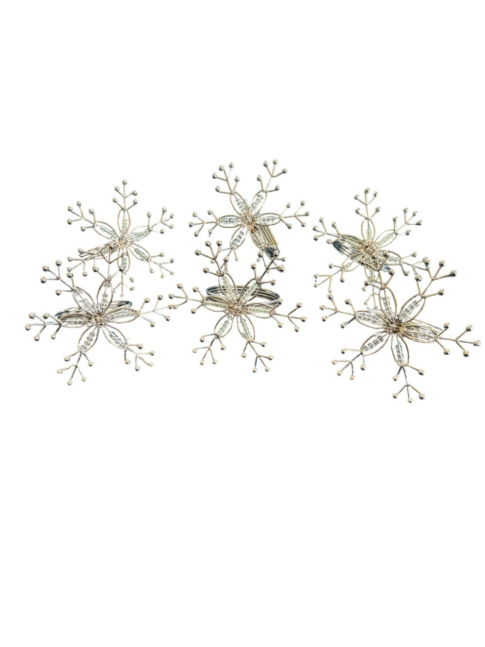 Set of 6 Metal Snowflake Napkin Rings With Beading Silver Decorative Dining